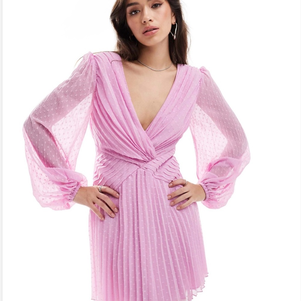 ASOS Pink Pleated Wrap Dress with Bishop Sleeves